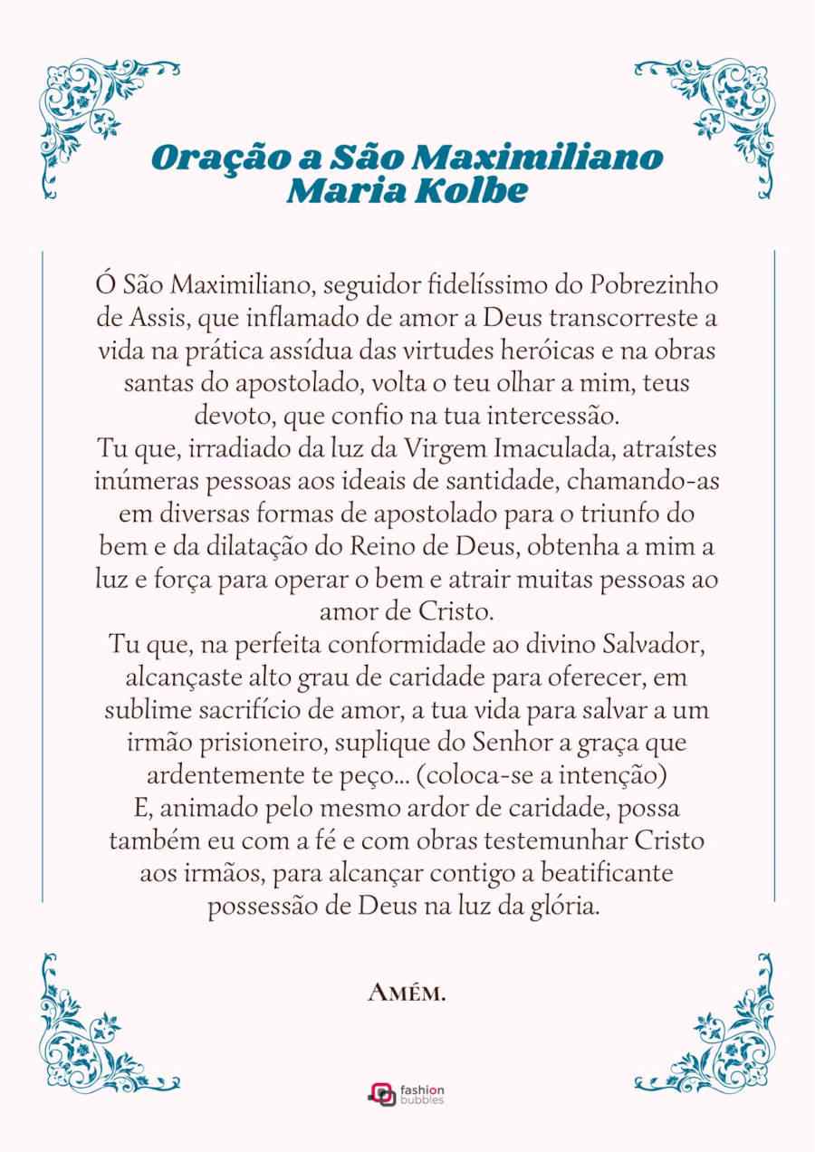 Oração de Oração a São Maximiliano Maria Kolbe escrito em preto com detalhes azuis