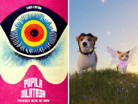 Montagem com duas fotos lado a lado: uma com o cartaz do pupila dilatada e uma com animais do metaverso