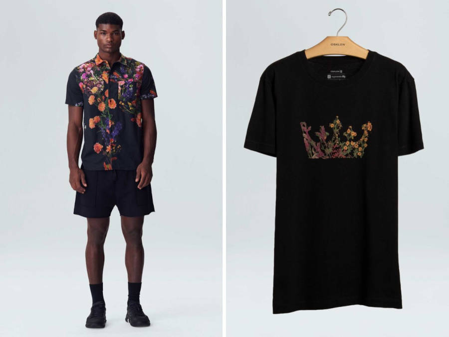 Montagem de duas imagens: Na primeira, um homem vestindo um conjunto com blusa florida da coleção da Osklen para o Verão 2023 e shorts pretos e na segunda uma blusa com coroa de flores