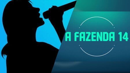Duas imagens, silhueta de uma cantora e logo de A Fazenda 14.