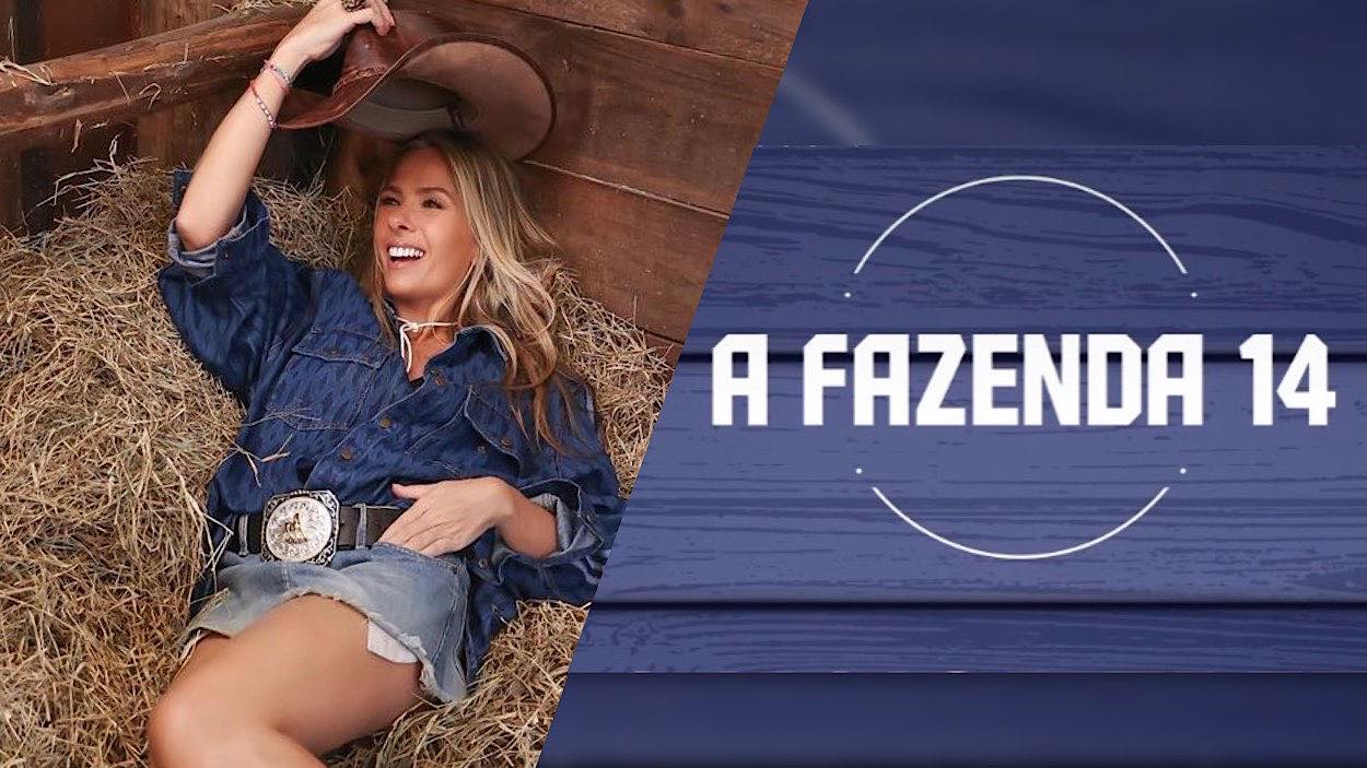 Duas imagens. Na primeira, Adriane Galisteu está deitada sobre a palha no cenário de A Fazenda. Na segunda, o logo do programa.