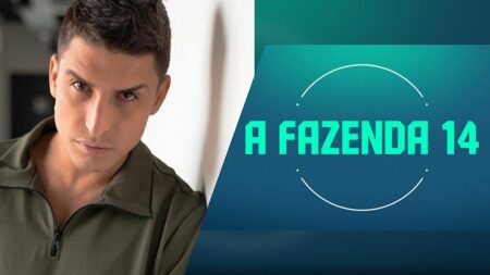 Duas imagens: foto em close de Felipe Prior e o logo de A Fazenda 14
