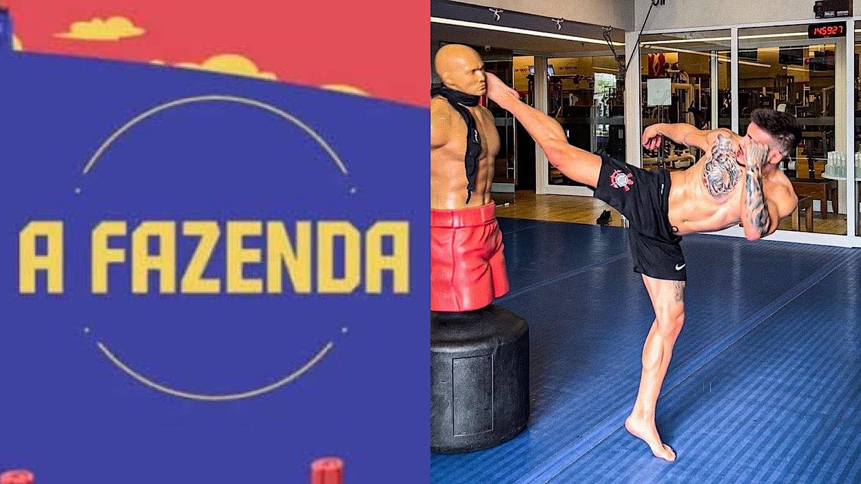 Duas imagens. A primeira, o logo de A Fazenda e a segunda, Thomaz Costa numa academia de luta dando um golpe em um boneco.