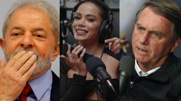 Três imagens. Na primeira o rosto de Lula mandando beijinho, na segunda Anitta feliz mostrando o áudio de Lula em entrevista e na terceira, Bolsonaro dando entrevista de cara fechada