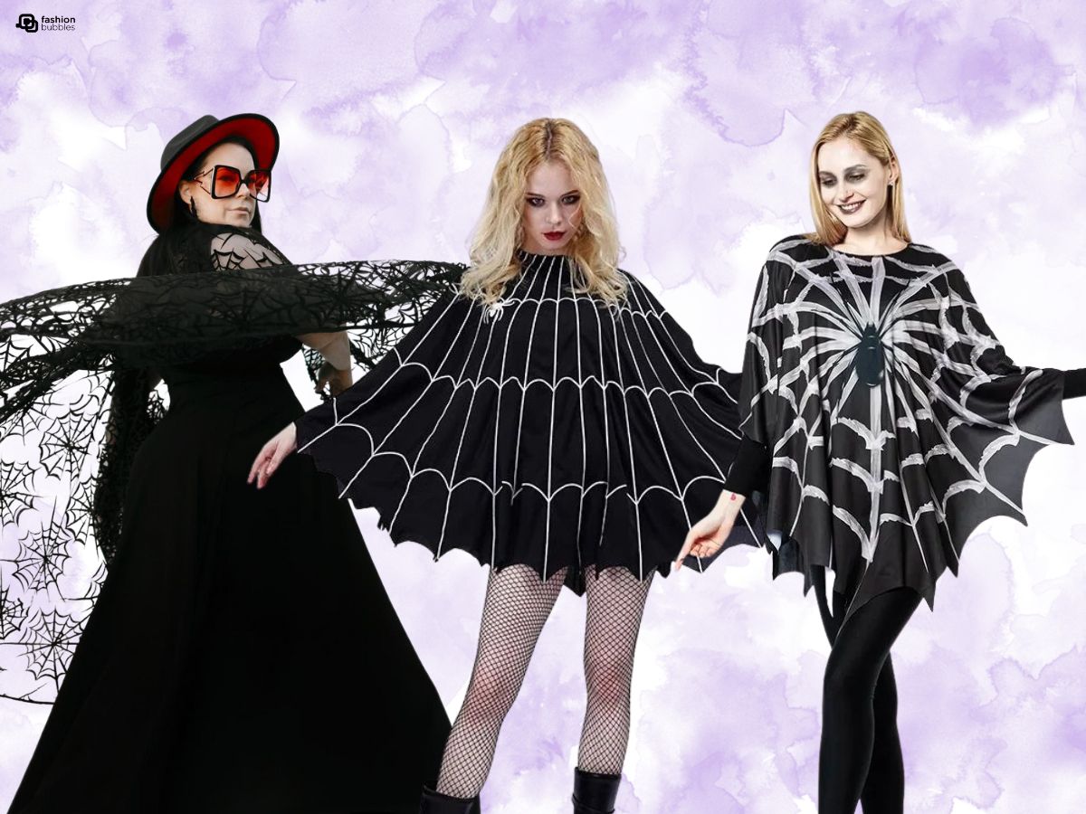 Montagem com 3 mulheres usando capas de Halloween teia de aranha, fundo branco e lilás