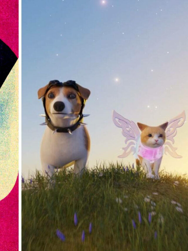 Montagem com duas fotos lado a lado: uma com o cartaz do pupila dilatada e uma com animais do metaverso