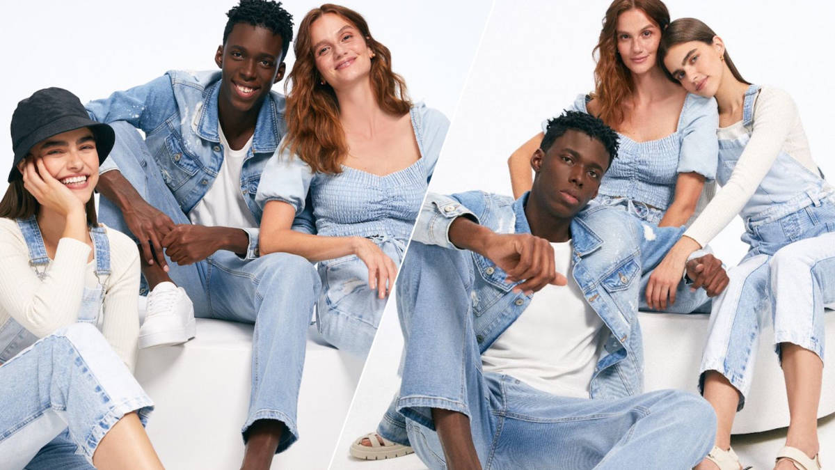 Montagem com duas imagens de 3 modelos, duas mulheres e um homem, vestindo as roupas em jeans da nova coleção da Renner