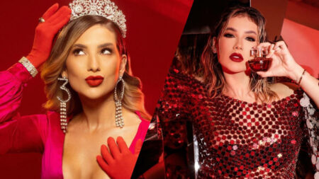 Montagem com fotos da Virgínia Fonseca: a primeira com ela com coroa de rainha e a segunda segurando o perfume de sua marca