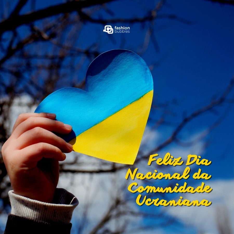 cartão virtual para 24 de agosto, Dia Dia Nacional da Comunidade Ucraniana, com foto de criança segurando coração azul e amarelo