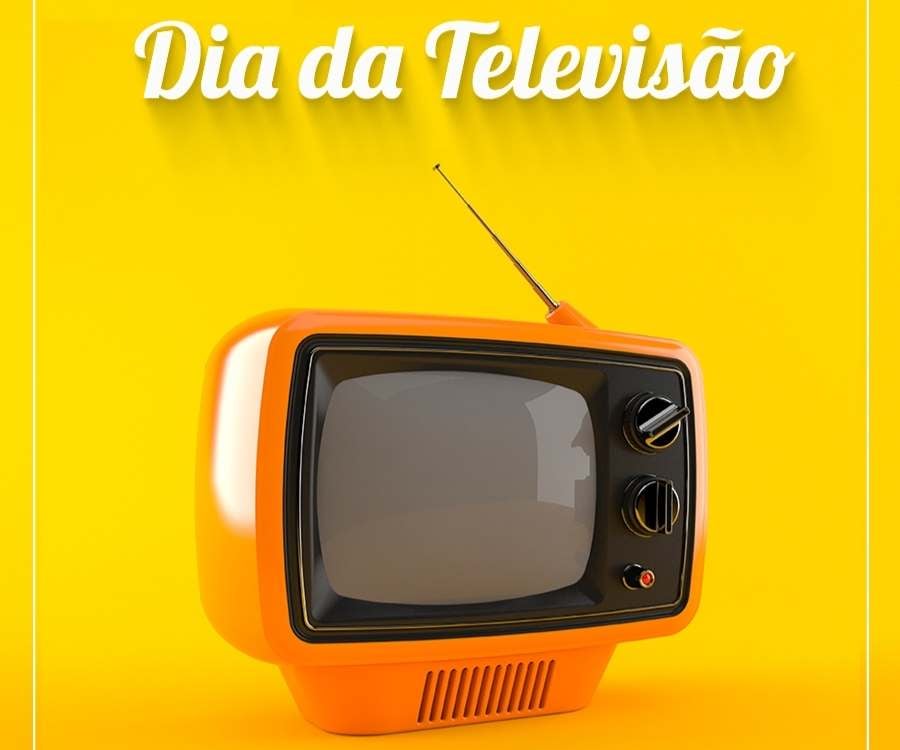 Desenho de televisão antiga em fundo amarelo com a frase Dia da Televisão.