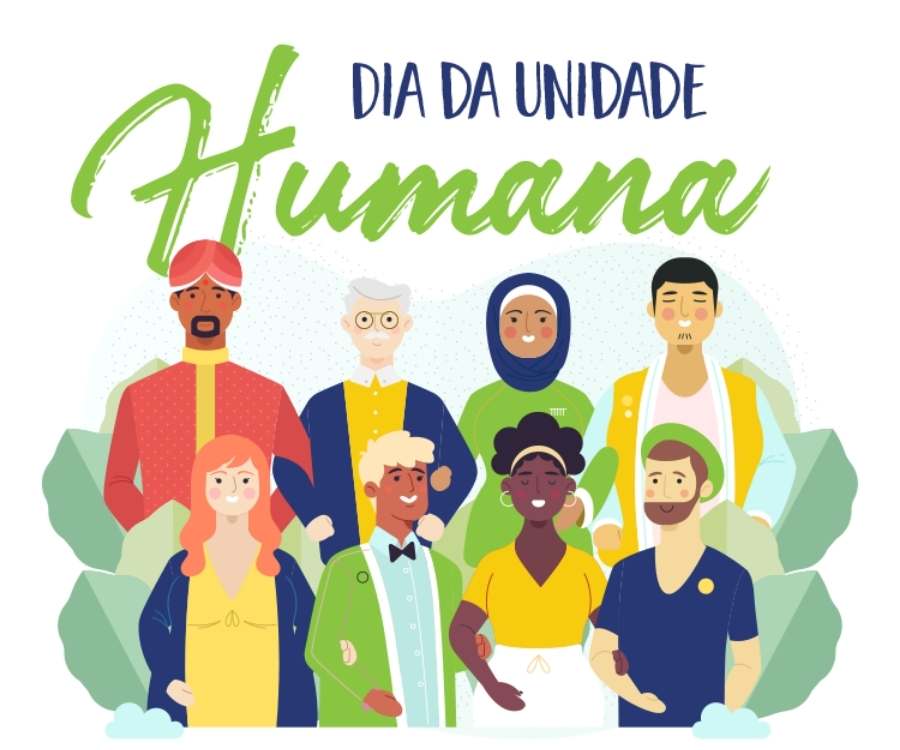 Desenho de pessoas de várias culturas e frase "Dia da Unidade Humana" escrita em cima delas - 14 de agosto.
