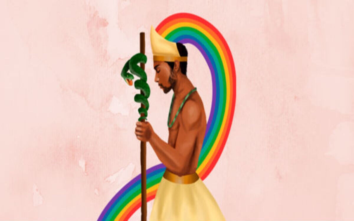fundo rosa com ilustração do orixá oxumaré com uma cobra e o arco-íris