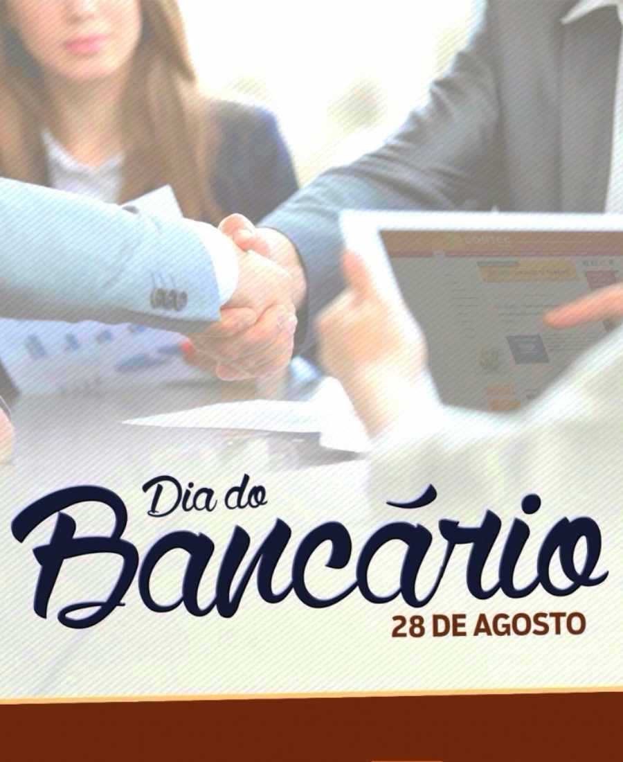 "Dia do Bancário" escrito em foto de pessoas apertando as mãos sentados em mesa.