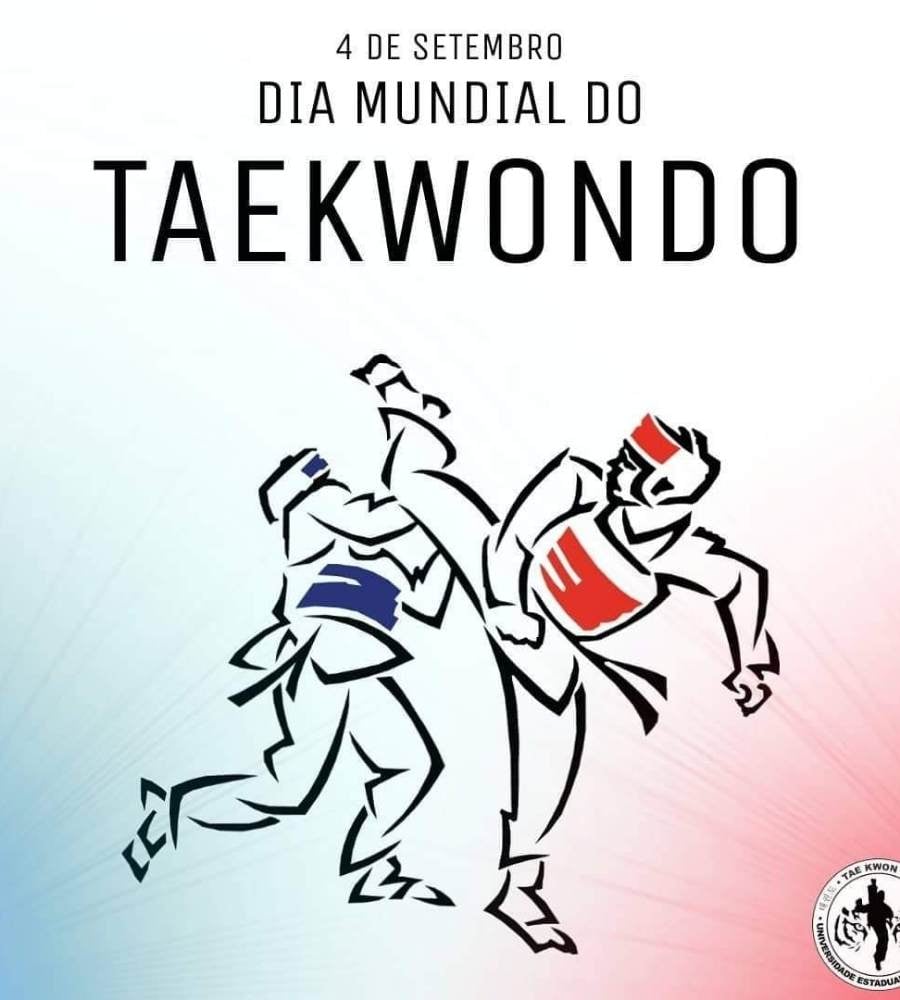 Frase "4 de setembro - Dia Mundial do Taekwondo" escrita em fundo branco, com representação artística de dois lutadores de Taekwondo", um com faixa vermelha e outro azul.