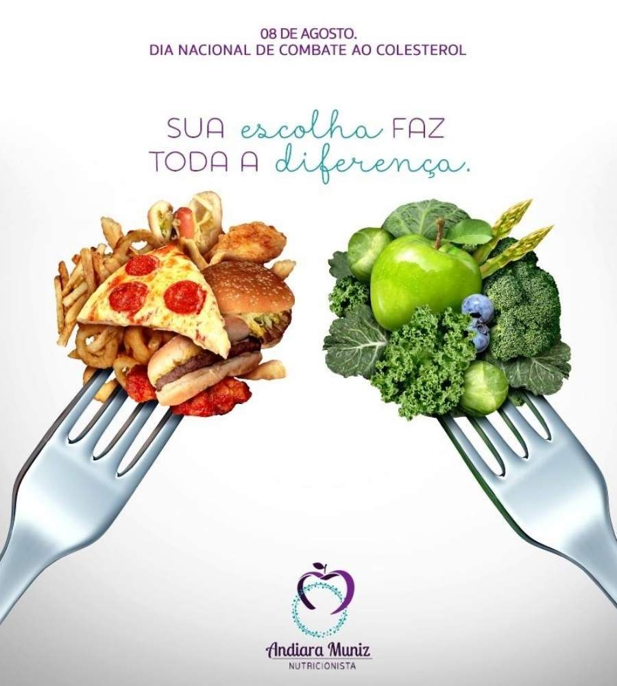 Foto com frase sobre o Dia Nacional de Combate ao Colesterol (8 de agosto) escrita em desenho de dois garfos espetados com comidas, um cheio de fast foods e outra com vegetais.
