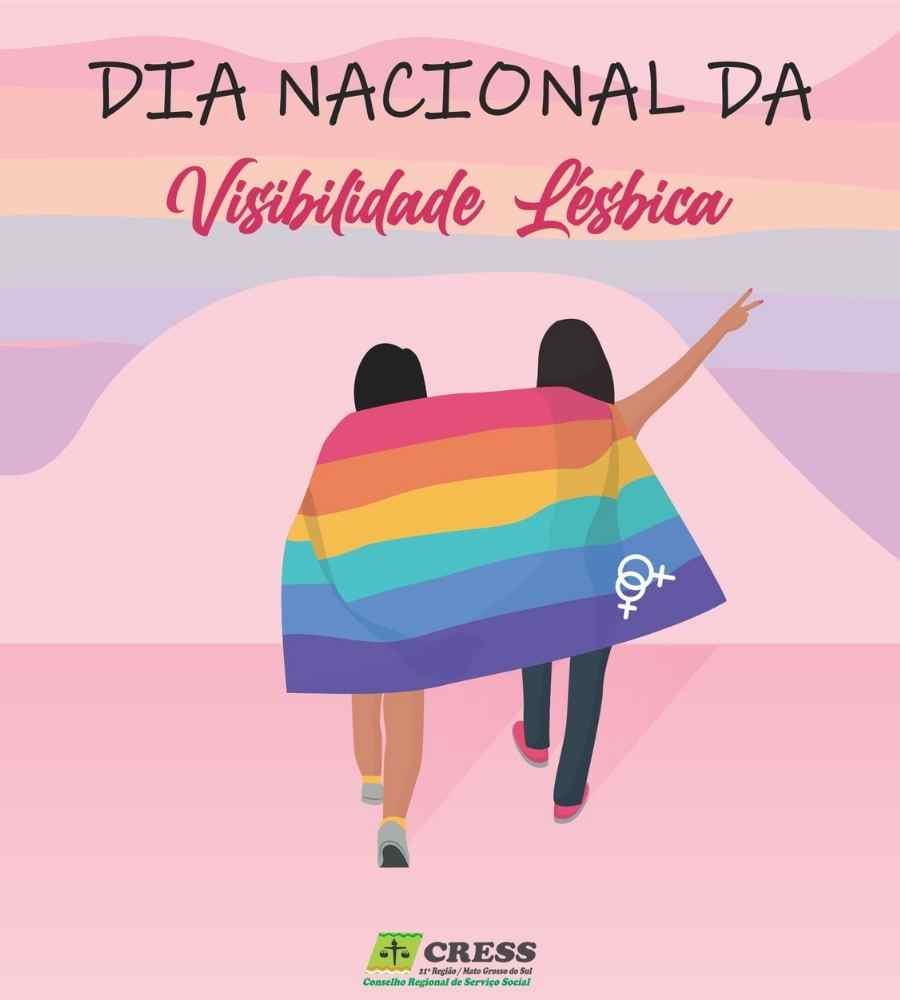 Representação artística de duas meninas andando de costas com bandeira LGBT nas costas. Uma delas faz o símbolo de paz e amor com as mãos. 