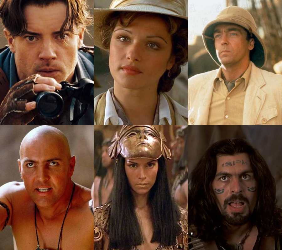 Atores Brendan Fraser, Rachel Weisz, John Hannah, Arnold Vosloo Jonathan Hyde, Patricia Velasquez e Oded Fehr em cena no filme "A Múmia" de 1999.