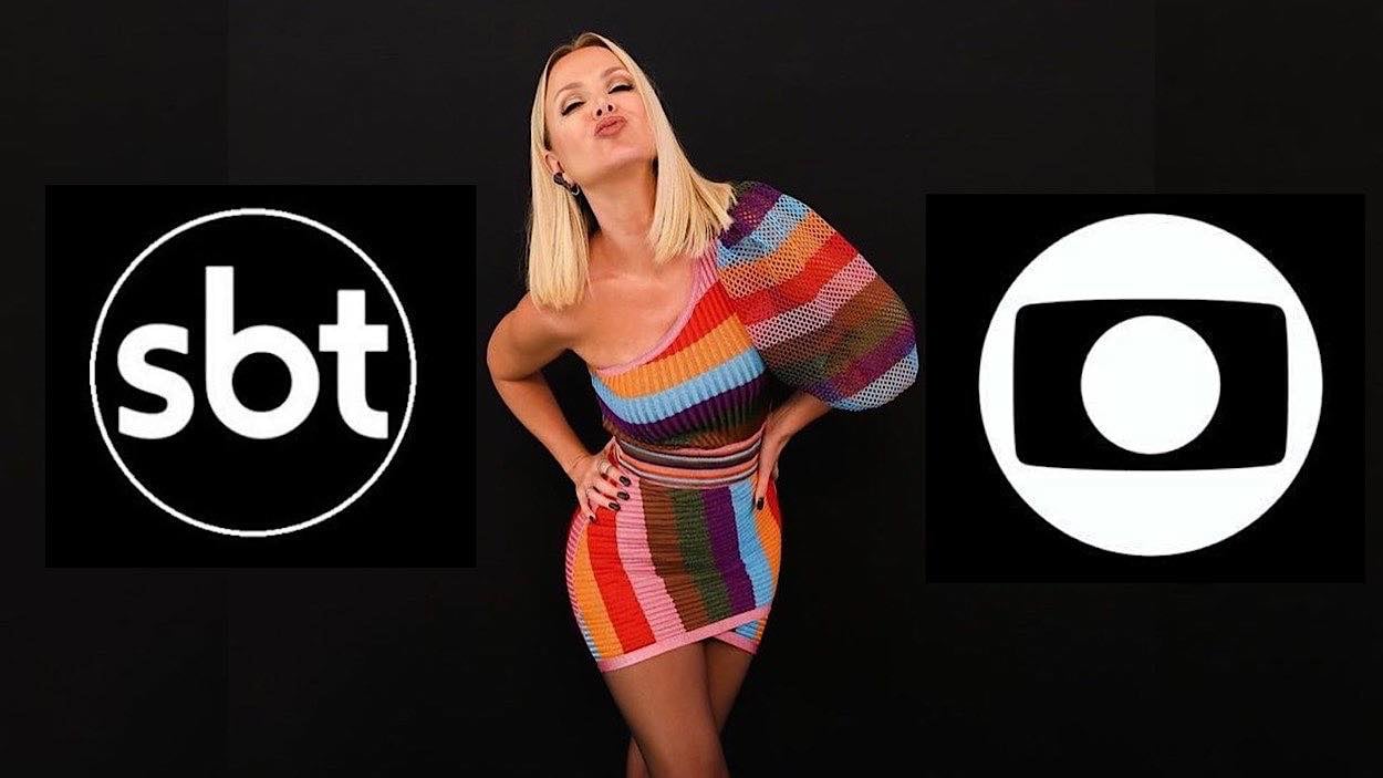 Eliana posa em um fundo preto, e ao lado foi inserido o logo do SBT e da Globo.