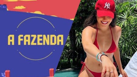 Duas imagens: logo de A Fazenda e Emilly Araújo de biquíni vermelho.