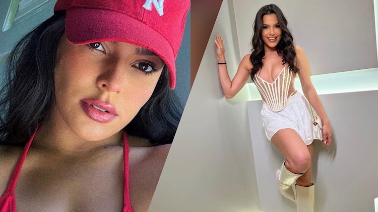 Duas imagens: Emilly Araújo de biquíni vermelho e ela em outro momento de roupa branca.