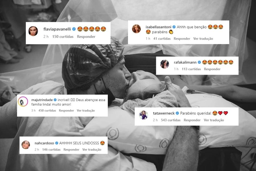 Foto de Isa e Ricardo. Ela está tendo parto dos gêmeos na maternidade, e ele beijando o seu rosto. Tem ainda prints de comentários de famosos do post dela, no Instagram.