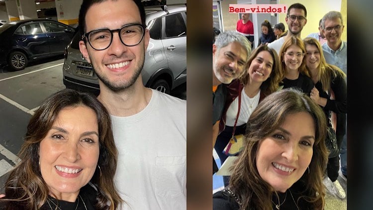 Duas imagens. Na primeira Fátima Bernardes e Vinícius e na segunda a apresentadora se reúne com os familiares para uma selfie.