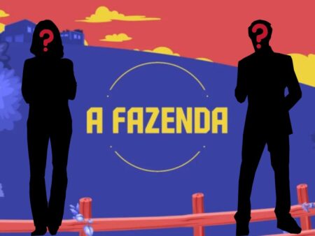 Logotipo de A Fazenda com duas silhuetas para simular os participantes que estarão no reality