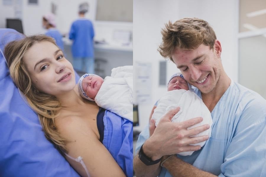 Fotos de Isabella Scherer e Ricardo Calazans segurando bebês recém-nascidos no colo. Ambos estão na maternidade após o parto.
