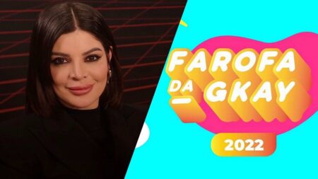 Duas imagens, a primeira com o rosto da Gkay e a segunda o logo da "Farofa".
