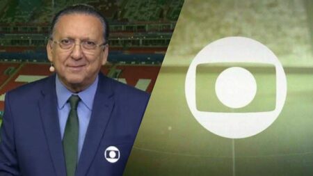 Duas imagens, Galvão Bueno durante transmissão e o logo da Globo.