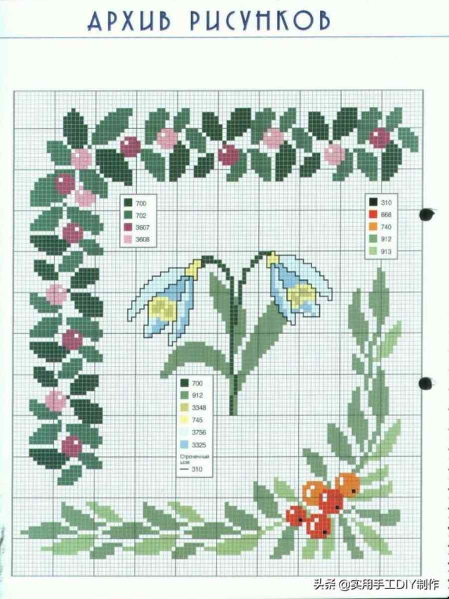 Gráfico de flores, como cerejas e tulipas, em ponto cruz, com tabela de cores de linhas.