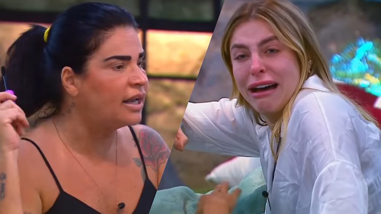 Duas imagens. Na primeira Solange Gomes discute com Vitória sentada numa mesa. Na segunda, Vitória no sofá responde a ex-modelo aos prantos
