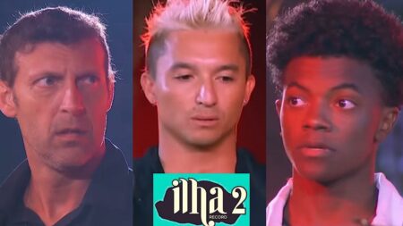 Três imagens do Jogo da Discórdia realizado na noite do Ilha Record: Bruno Sutter, Flávio Nakagima e Kaik Pereira.