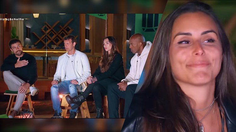 Duas imagens. Na primeira, Rapha sentado do lado do grupo Esmeralda vota em Ste. A ex-MTV recebe o voto com cara de ironia.