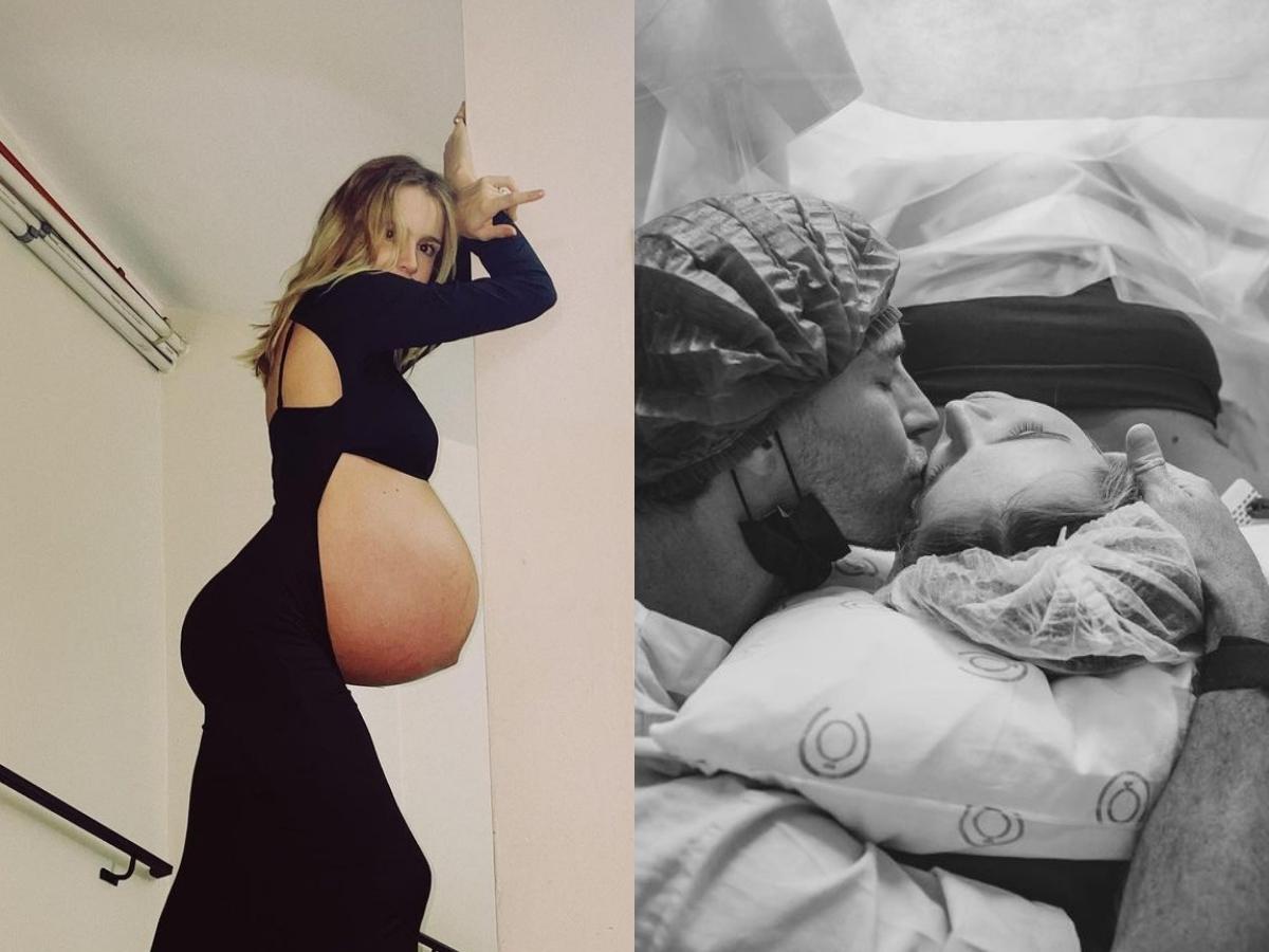 Foto de Isabella Scherer grávida de gêmeos à esquerda, e à direita foto dela e do pai dos bebês, Ricardo, na maternidade, durante o parto.