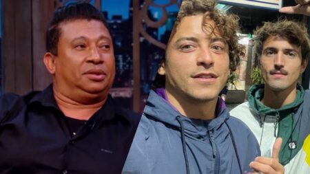 Duas imagens, Pedro Manso no SBT e Jesuíta Barbosa e seu namorado no Instagram.