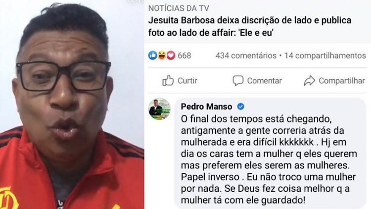 Pedro Manso no Instagram e seu comentário homofóbico no Facebook.