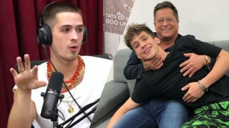 João Guilherme posa no cenário do Poddelas e em outra imagem está com seu pai, Leonardo.
