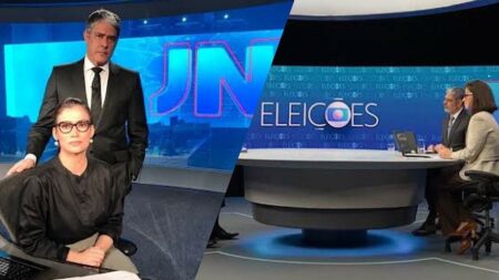 Renata Vasconcellos e William Bonner no cenário especial do Jornal Nacional para a sabatina com os candidatos a presidência.