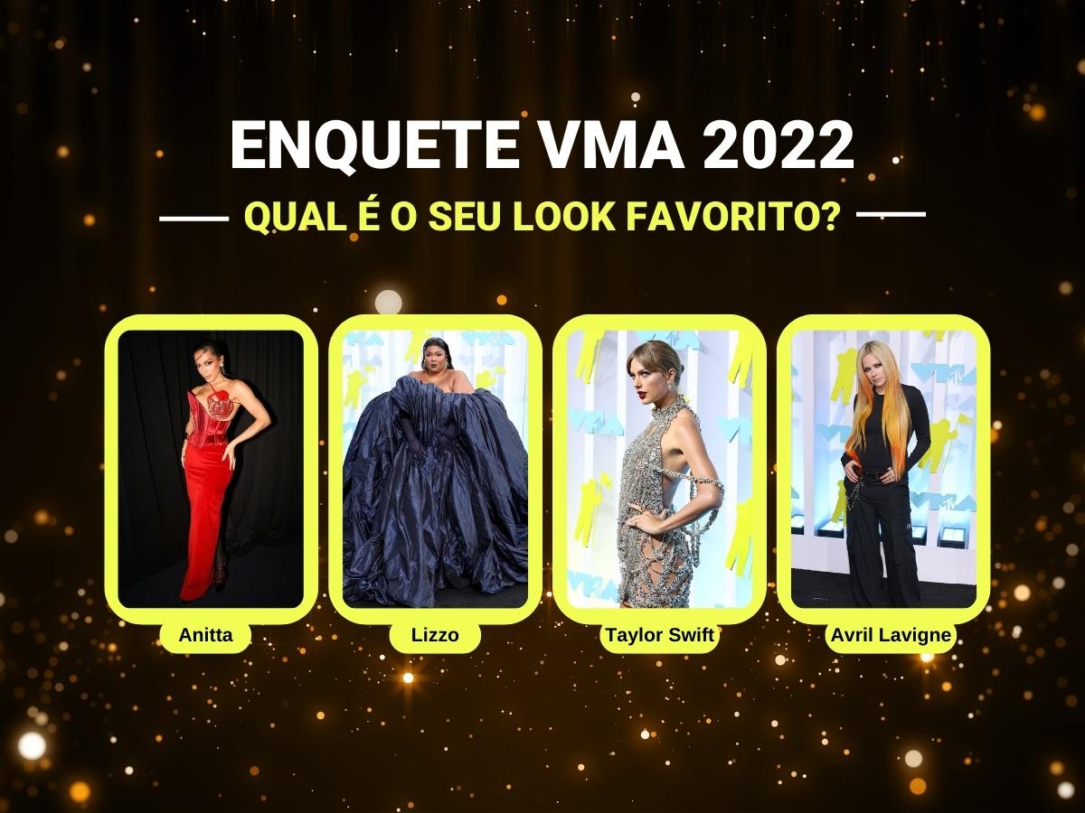 Foto de Anitta, Lizzo, Taylor Swift e Avril Lavigne no VMA 2022. Elas estão em montagem com fundo preto com brilhos.