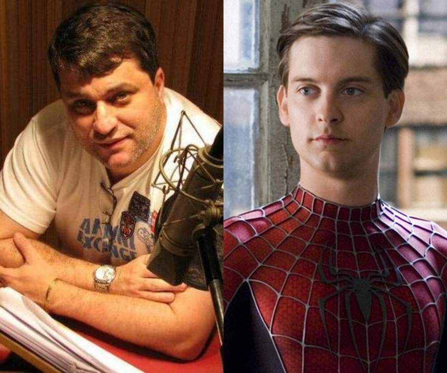 Dublador Manolo Rey e ator Tobey Maguire. Manolo está em estúdio de gravação com microfone e papéis. Ele está sentado e com os braços cruzados. Tobey está em cena, usando traje do Homem-Aranha e possivelmente em um prédio.