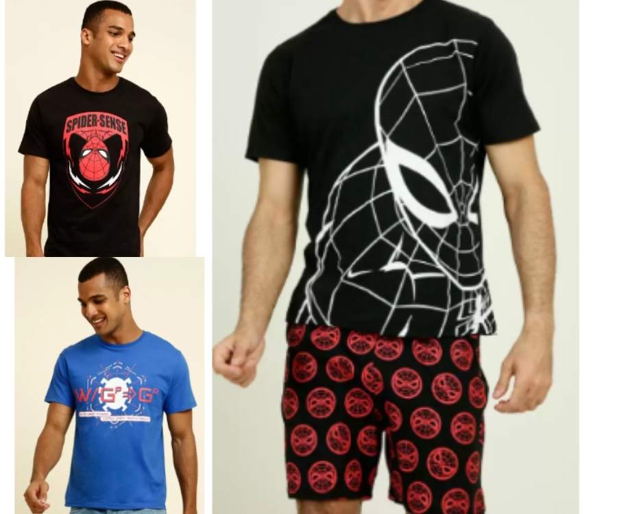 Fotos de modelos adultos com peças de lançamento de Spyder Man da Marisa. Tem camisetas e um short.