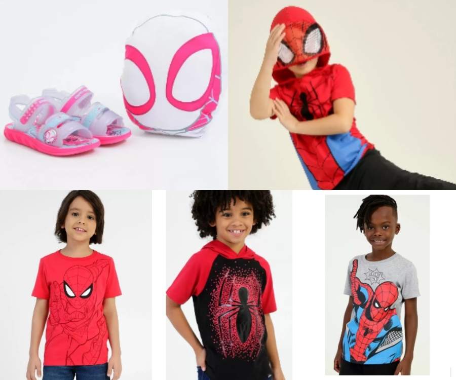 Produtos infantis licenciados do Spyder Man da Marisa. Crianças usando as roupas.