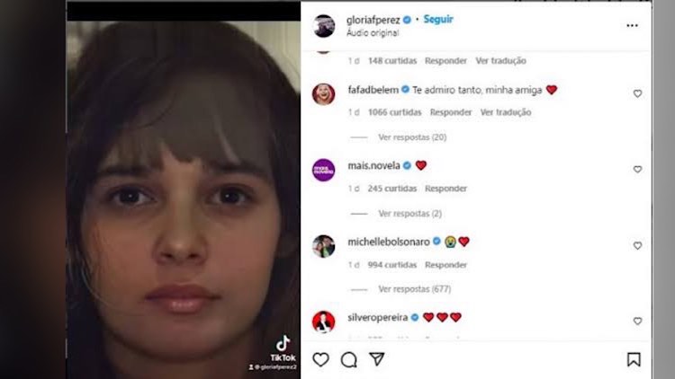 Print da página do Instagram de Gloria Perez e as reações de seus seguidores. Entre eles, Michelle Bolsonaro