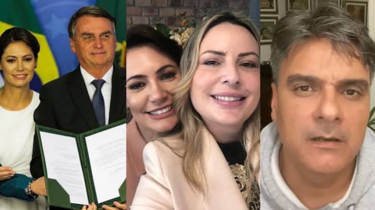 Três imagens: Bolsonaro com a primeira dama, Michelle Bolsonaro com Juliana Lacerda e Guilherme de Pádua. 