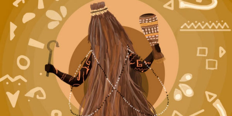 ilustração em um fundo amarelo e marrom do orixá Omolu com suas palhas, adereços e guias