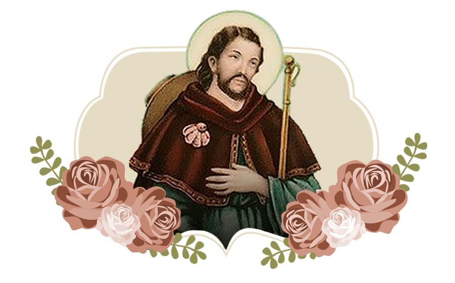 imagem do santo São Roque com rosas em volta