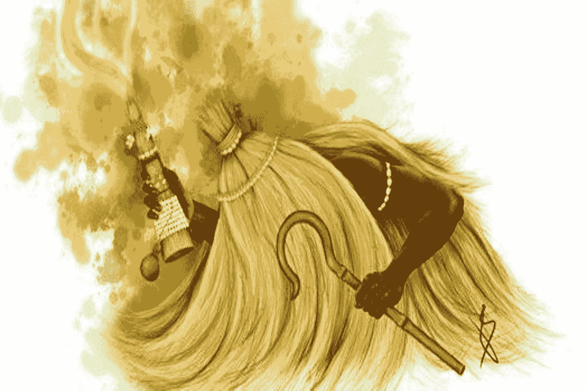 ilustração em um fundo branco do orixá Omolu com suas palhas e adereços