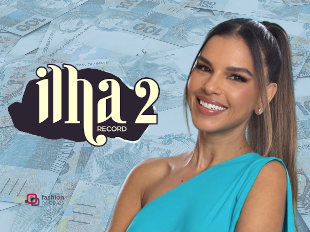 Montagem da apresentadora Mariana Rios com o logo do reality show em cima de dinheiro para simbolizar qual é o prêmio da Ilha Record