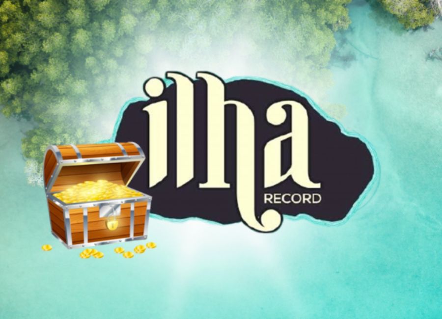 Logo do Ilha Record com ilustração de um baú de tesouro para simular o valor do prêmio